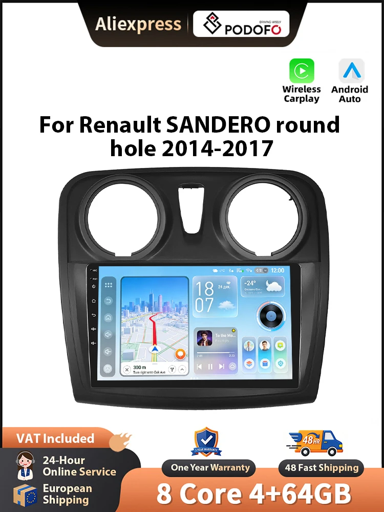 Podofo 9'' Autoradio für Renault SANDERO mit rundem Einbauschacht 2014-2017 Android CarPlay GPS Head Unit WIFI FM/RDS Autoradio BT Autoradio