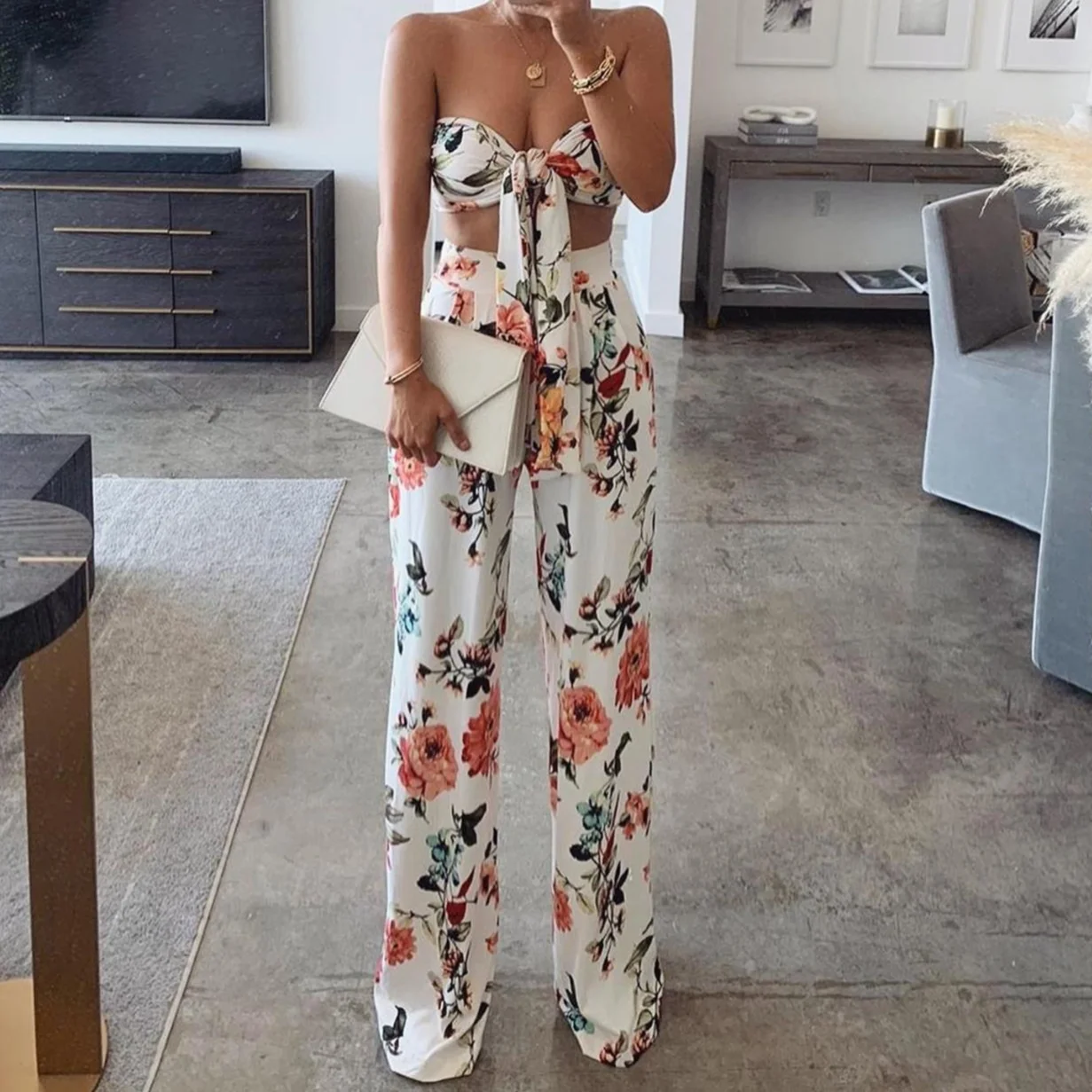 Summer Sexy Set Vintage Floral Print Sleeveless Sexy Wrap Top and Pants Long Two Piece Set Matching Set Women Fashion Outfits