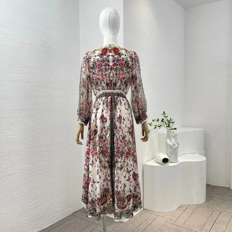 Bege borboleta floral impressão longa lanterna nova moda 2024 manga rendas de alta qualidade com decote em v vestidos midi para senhoras