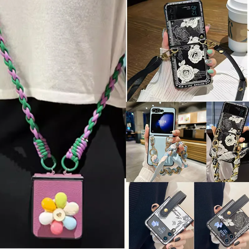 Korea Fashion Flower Crossbody Chain Case For Samsung Galaxy Z Flip6 Z Flip5 Case For Galaxy Z Flip 4 3 Cover Scarf Short Chain