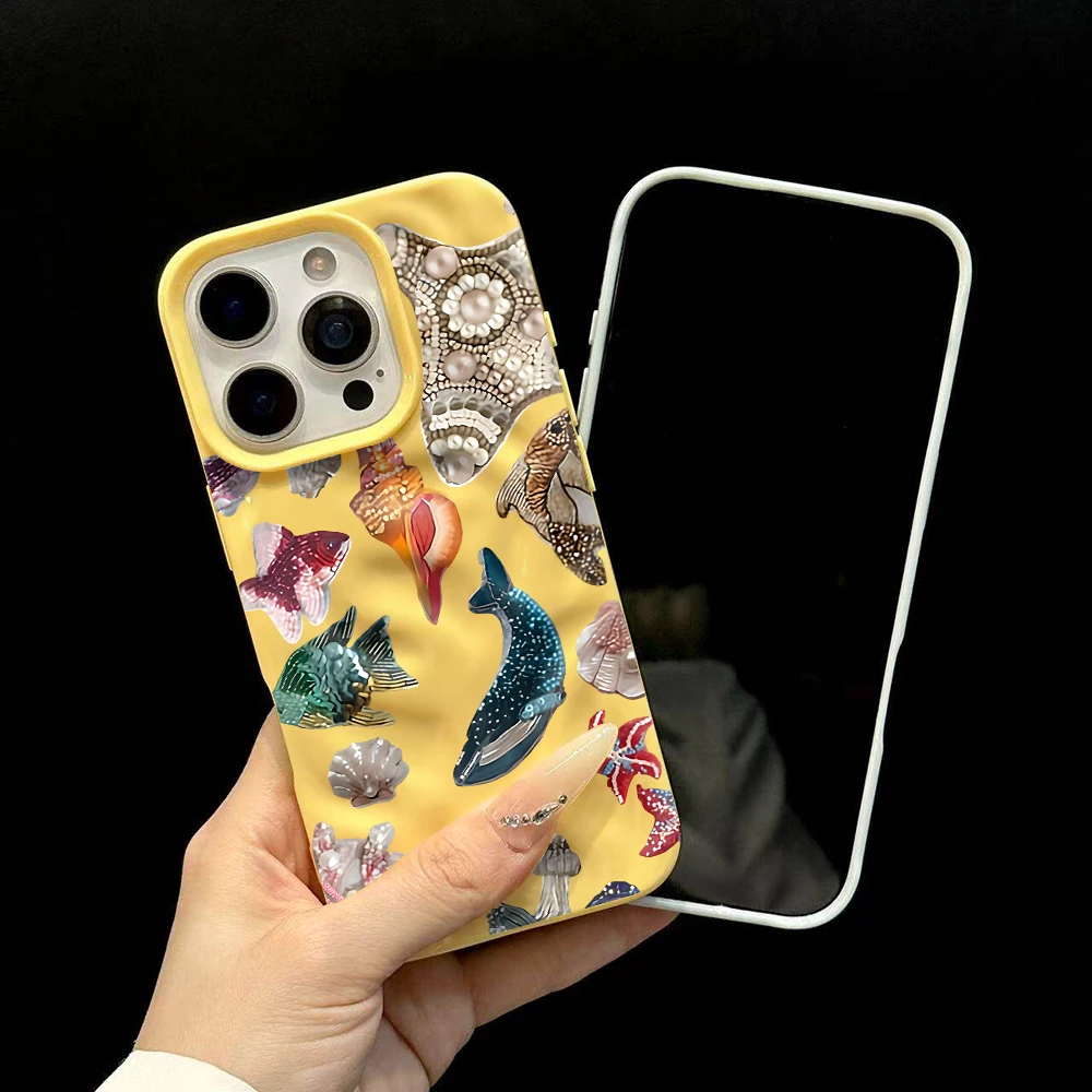 Luxuriöse Retro-Meerestier-Handyhülle für iPhone 17 16 15 14 13 12 11 Pro Max 14 Plus 17 Air Falten-Wellen-Soft-Silikon-Cover – Detail 6