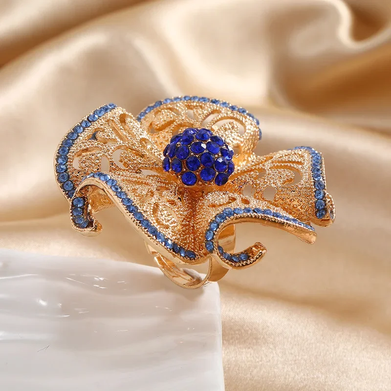 Luxury Big Flower Zircon Rings Women Indian Jewelry Classic Hollow Gold Color Adjustable Ring Female Gifts Dropshipping