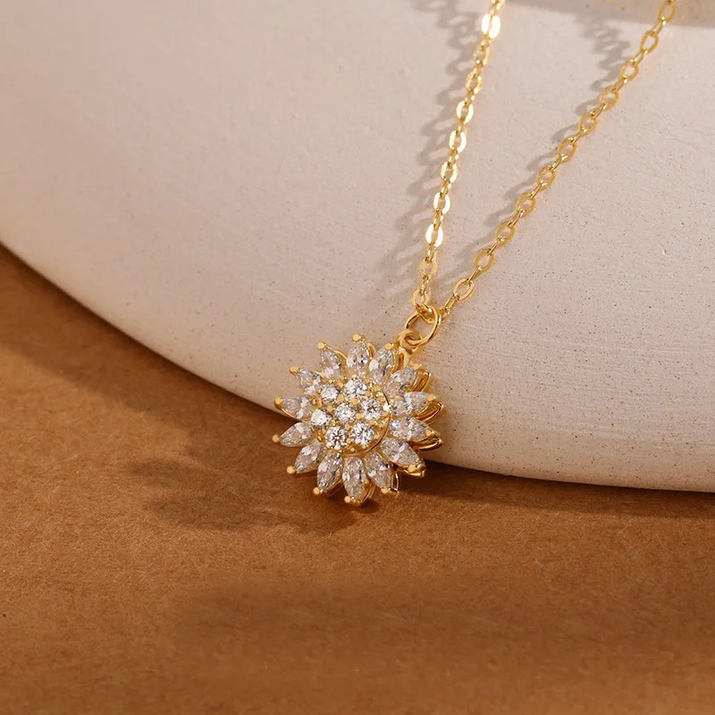 Classic Sunflower Cubic Zirconia Pendant Necklaces For Women Gold Color Alloy Rotate Necklace Daily Jewelry image 3