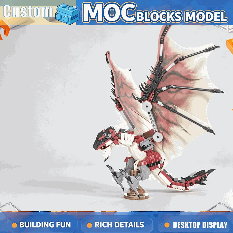 939PCS Articulated Fire Dragon Building Blocks Model With Winged Creature Display DIY Assembly Fantasy Sculpture Home Decoration