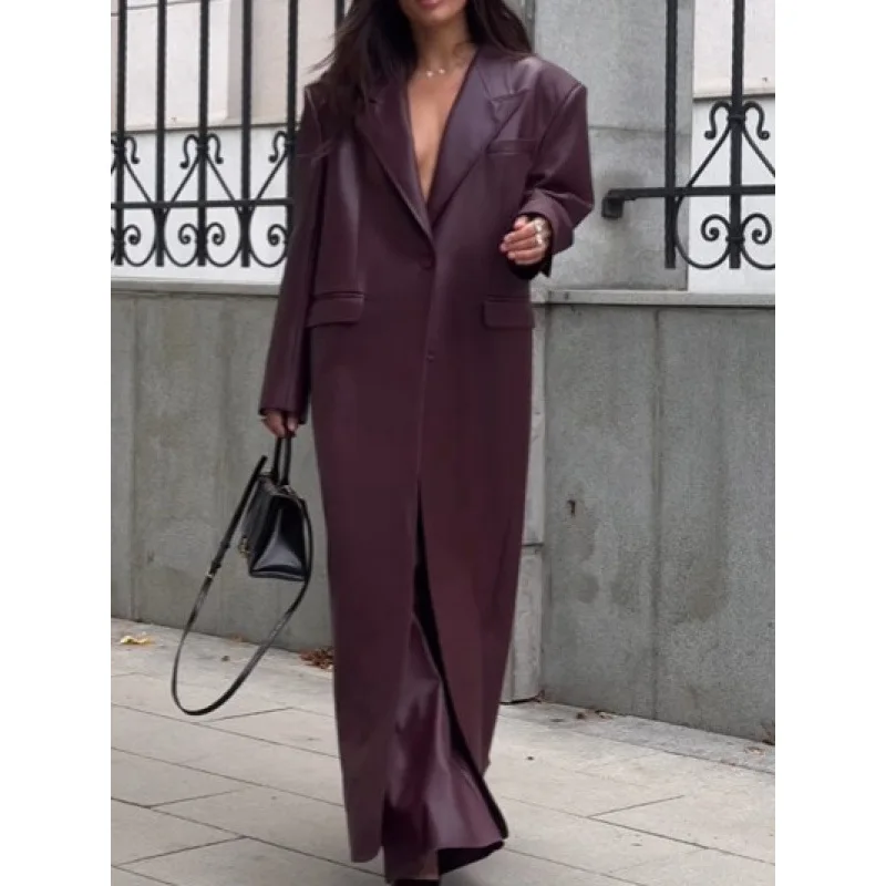 

Women Autumn Long Leather Jacket Pu Leather Trench Coat New Retro Elegant Simple Luxury Harajuku Streetwear Brand Trends Eco