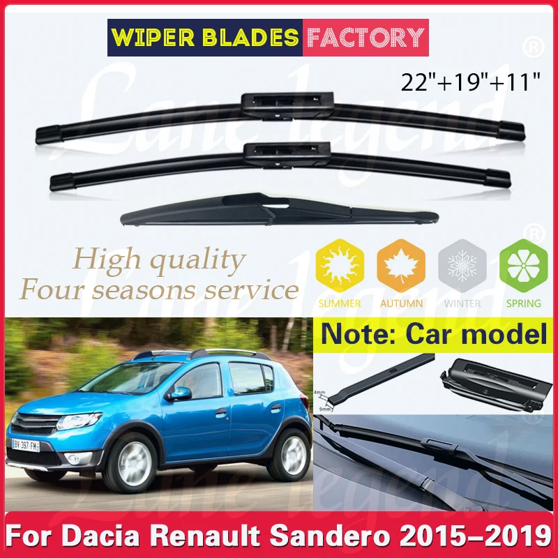 

For Dacia Renault Sandero MK 2 2015-2019 Car Wiper Front Rear Wiper Blades Windshield Windscreen Window Rain Brushes 22"+19"+11"