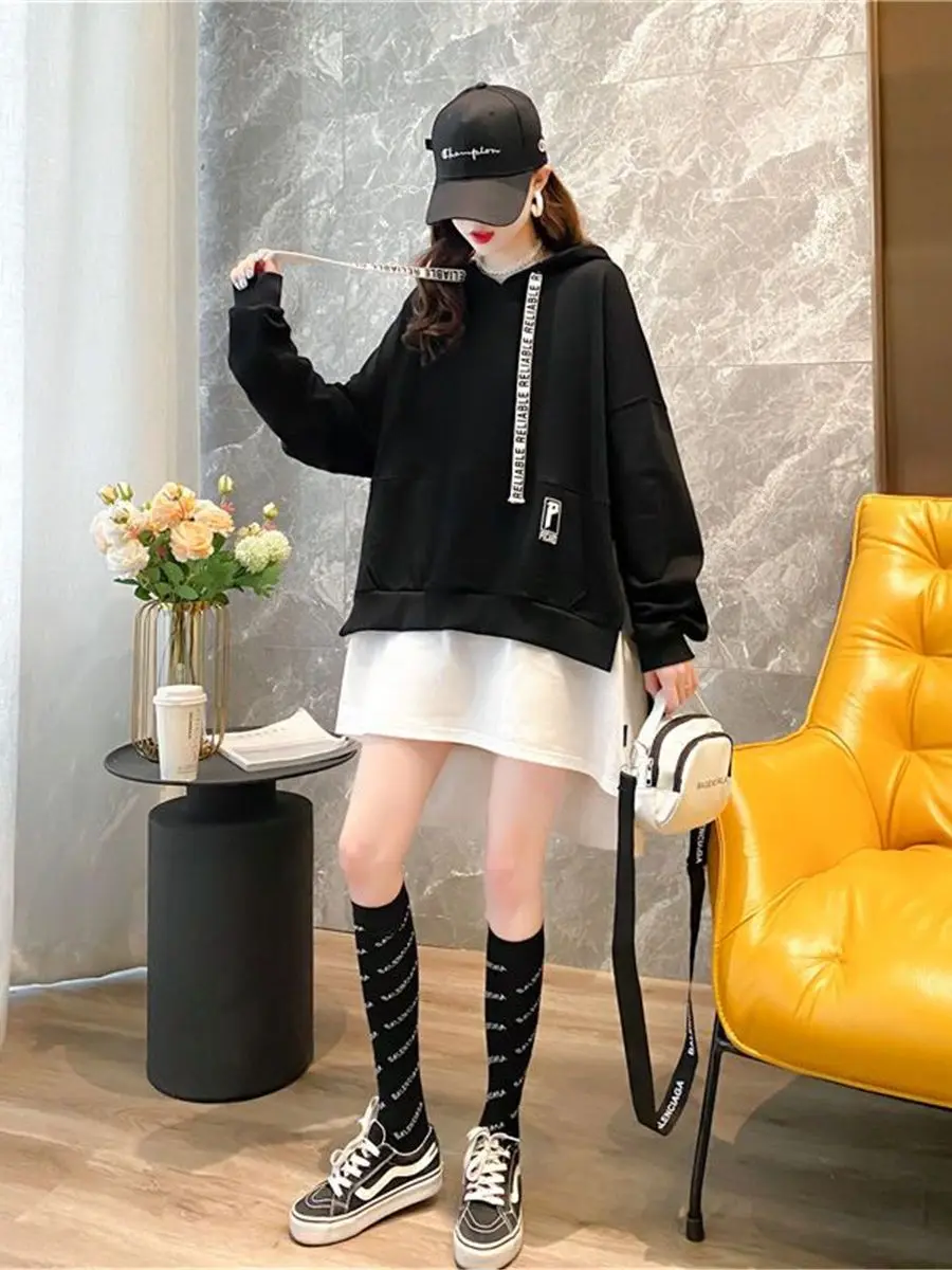 Black Letter Print Hoodie Harajuk Women Patchwork Sweatshirt Girl Ulzzang Loose Leisure Chic High Street Gothic Sweatshirt Femme