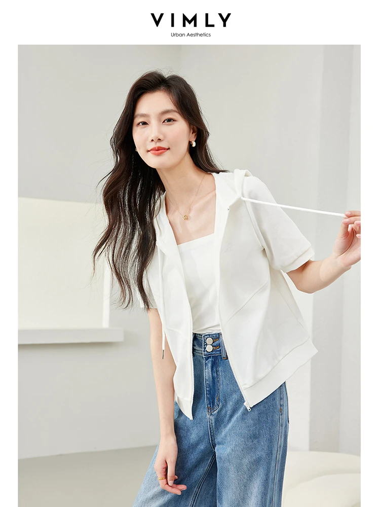 Vimly Summer Cotton Full Zipper Hooded Off White T-shirt 2024 Casual Simple Straight Short Sleeve Womens Top Clothing M6676