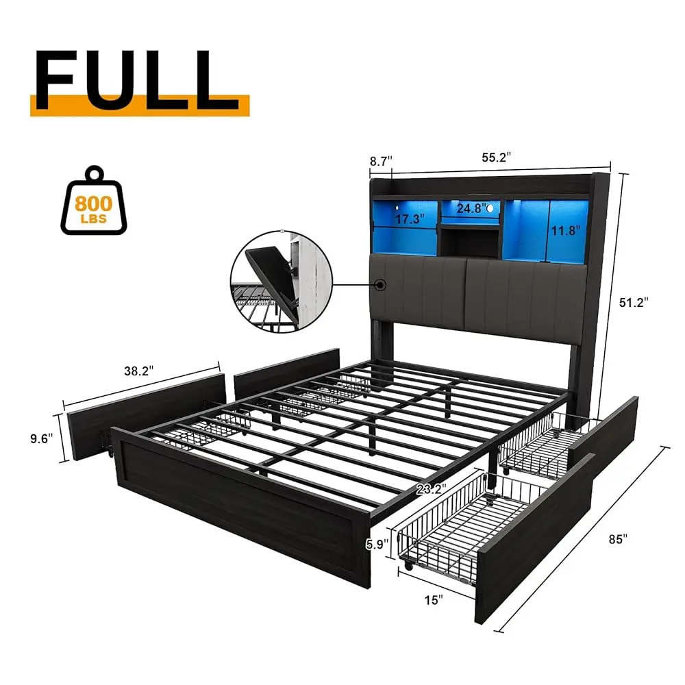 Rangka Tempat Tidur Penuh Dengan Headboard Rak Buku, Tempat Tidur Platform Berlapis Rumah Pertanian Dengan 4 Laci Penyimpanan, Tempat Tidur Led Dengan Pengisian Daya