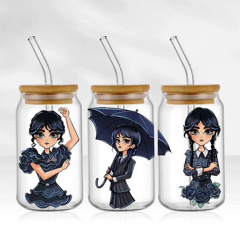 Wednesday Addams UV DTF Cup Sticker UV Libbey Wrap Transfer Sticker Custom Labels DIY Self adhesive Waterproof Dancing Queen
