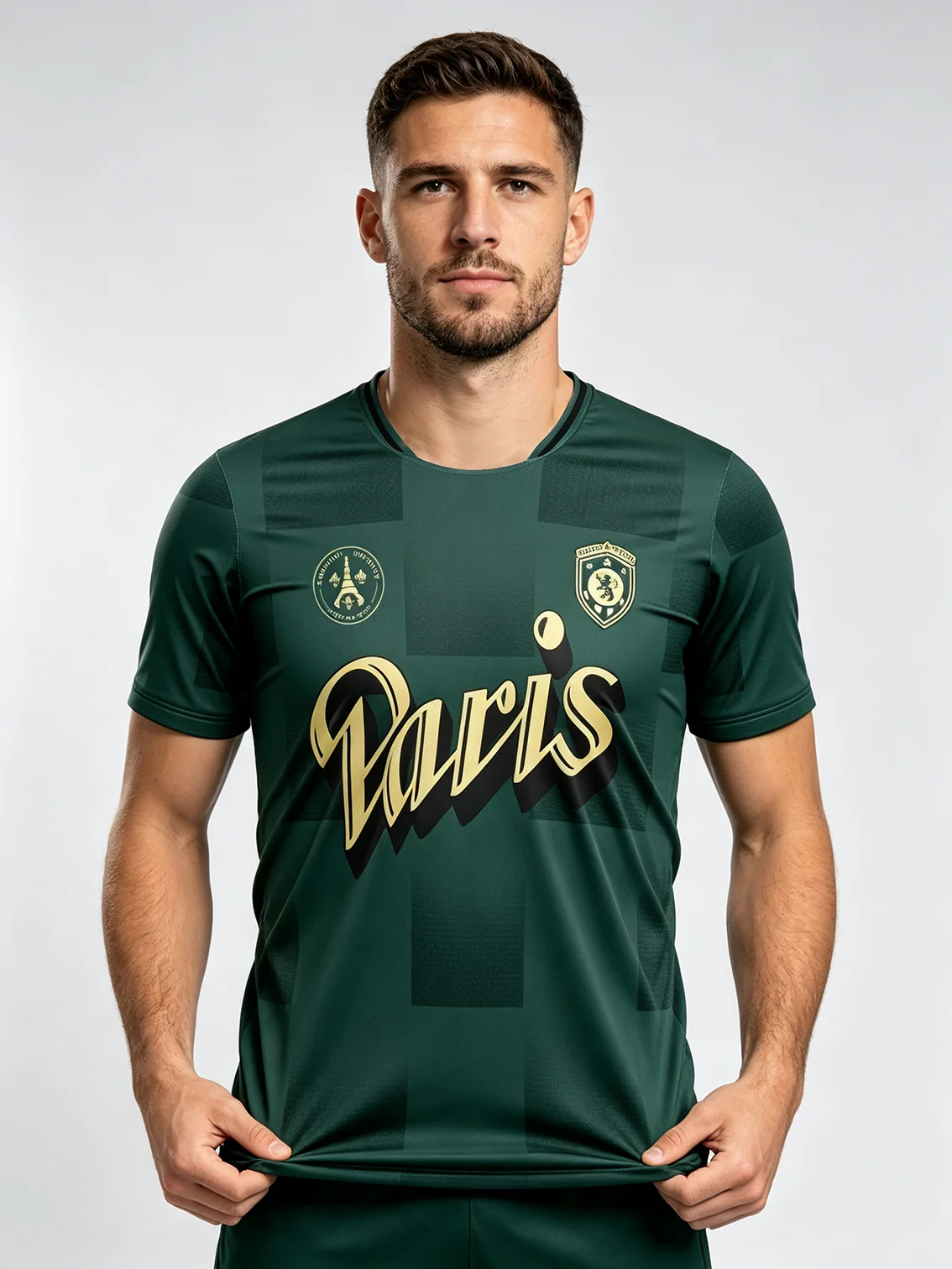 Dark‑checkered deep‑green Paris away jersey features gilded chest lettering presenting luxurious premium texture