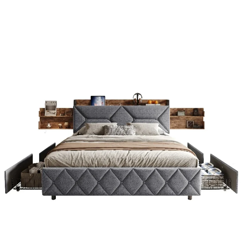 Rosahqnda Doppelbett für Erwachsene 160x200 cm mit Ladeanschlüssen, geometrisch gestepptem Kopfteil, versteckter Tasche, offenen Seitenregalen und 4 Schubladen, Leinenoptik, grau, ohne Matratze