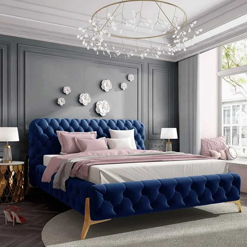 

Роскошная Свадебная кровать роскошного дизайна Chesterfield, кожаная кровать большого размера с золотыми ножками из нержавеющей стали