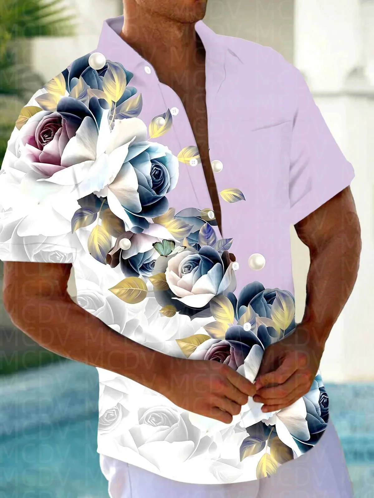 Color Rose Flower Pattern Men's Hawaiian Shirt Stretch Easy Care Camp Shirt Big Tall