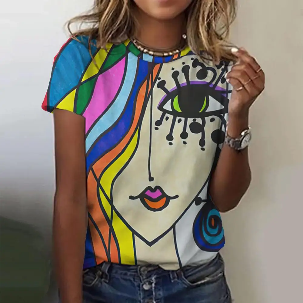 夏のファッショントップ女性 3d 花柄 Tシャツガールズフェイスペインティング原宿カラフルな美しい半袖 Tシャツ特大服