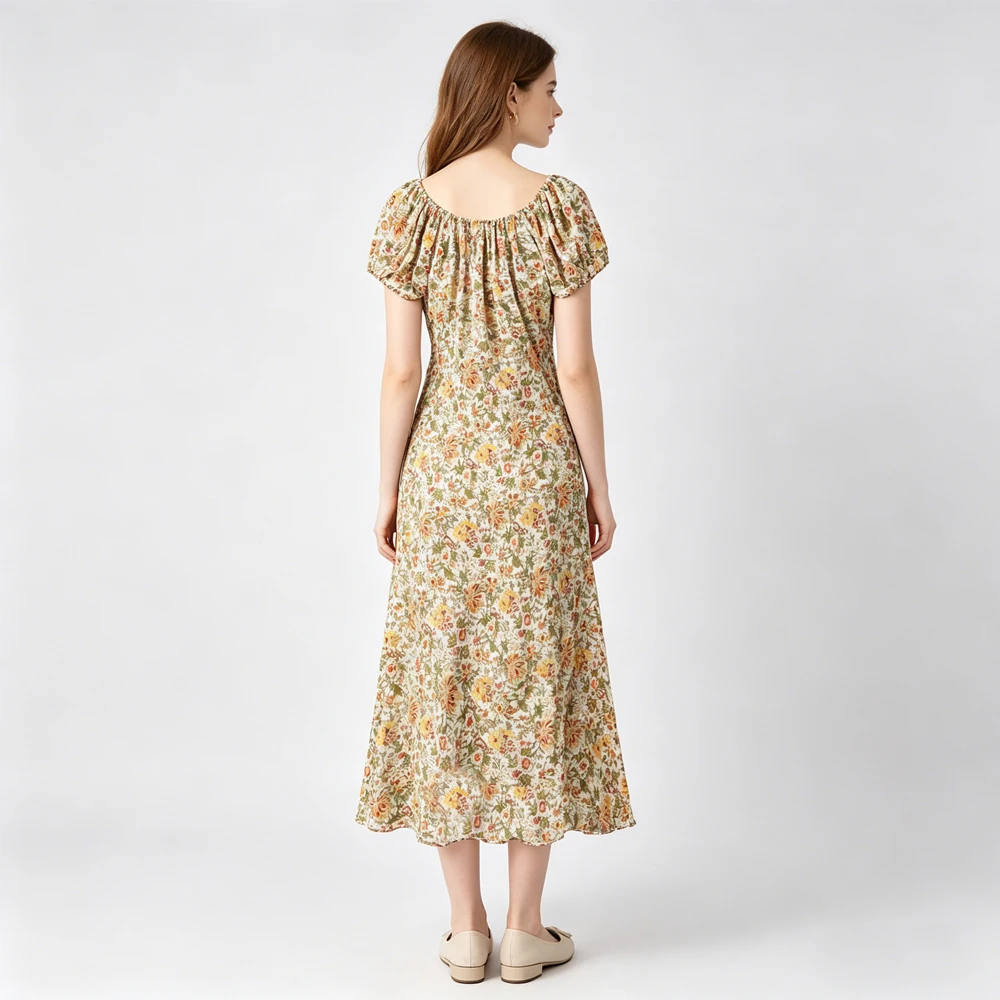 Women's Casual Summer New 100% Natural Mulberry Silk Crepe De Chine Slant Cut Floral Holiday Style Round-neck Short Sleeve Dress