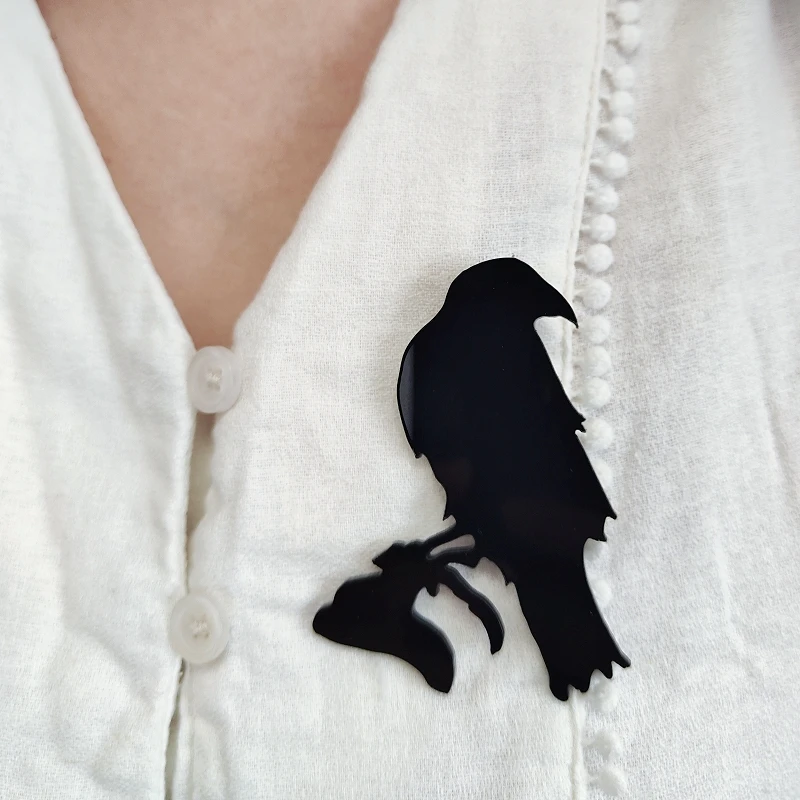 KUGUYS Halloween Bird Crow Pocket Pins Women Men Boys Girls Kids Brooch Black Acrylic Jewelry Gothic Party