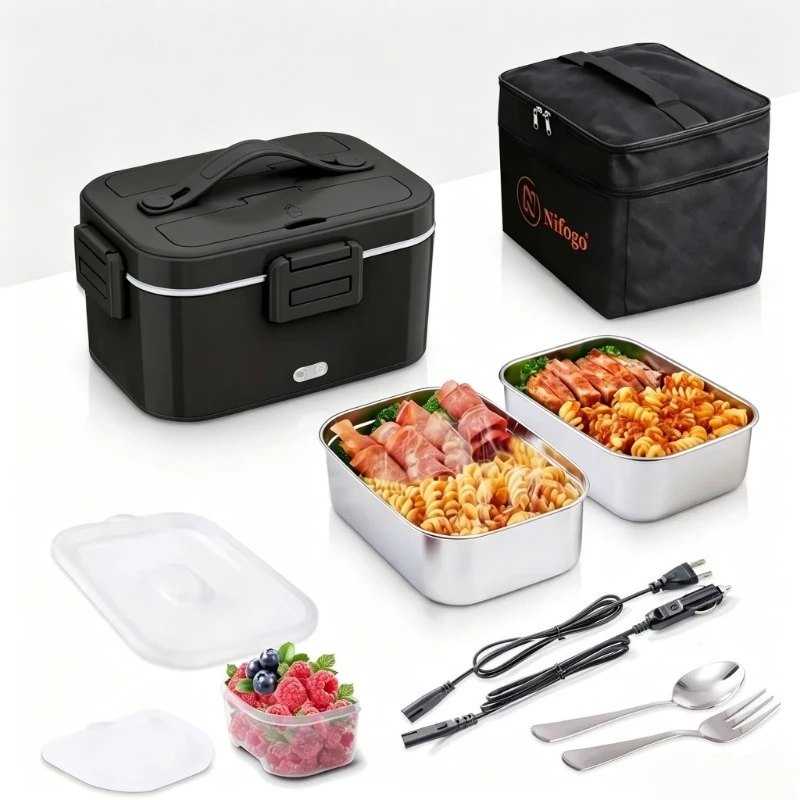 100W Fast‑Heated Electric Lunch Box, Dual Stainless‑Steel Food Containers Portable Food Warmer, 12V/24V Car and 110‑220V Home‑Office Use Heated Lunchbox with Insulated Carry Bag for Work, Travel, Road Trip