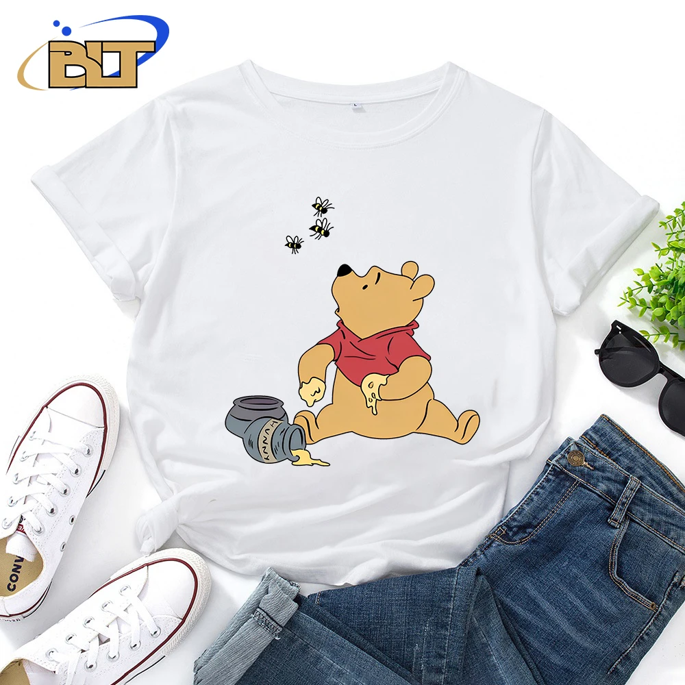 Camiseta con estampado de Winnie The Pooh para mujer, Tops informales, manga corta de algodón blanco