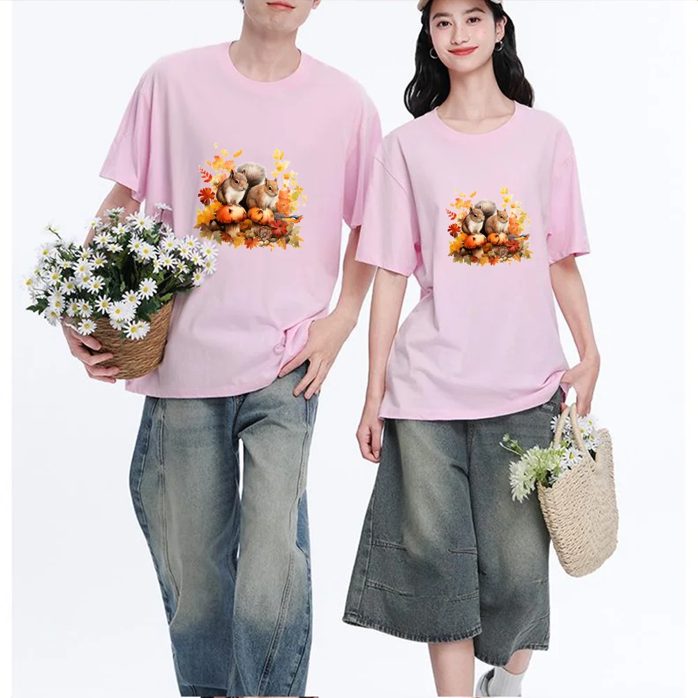 Squirrel And Bird Autumn Leaf Mushroom Printed T Shirt Breathable Fabric S-XXL Personalized Custom Casual Short Sleeve Tee Aesth