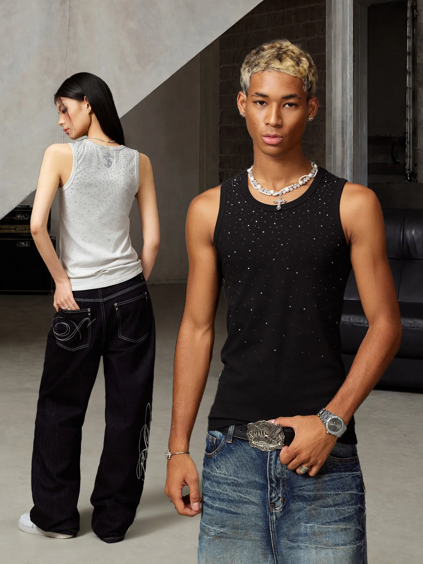 STK SmallTownKid Diamond Embellished Sleeveless Vest Unisex High Street Style Cool Lightweight Knitted Summer Top