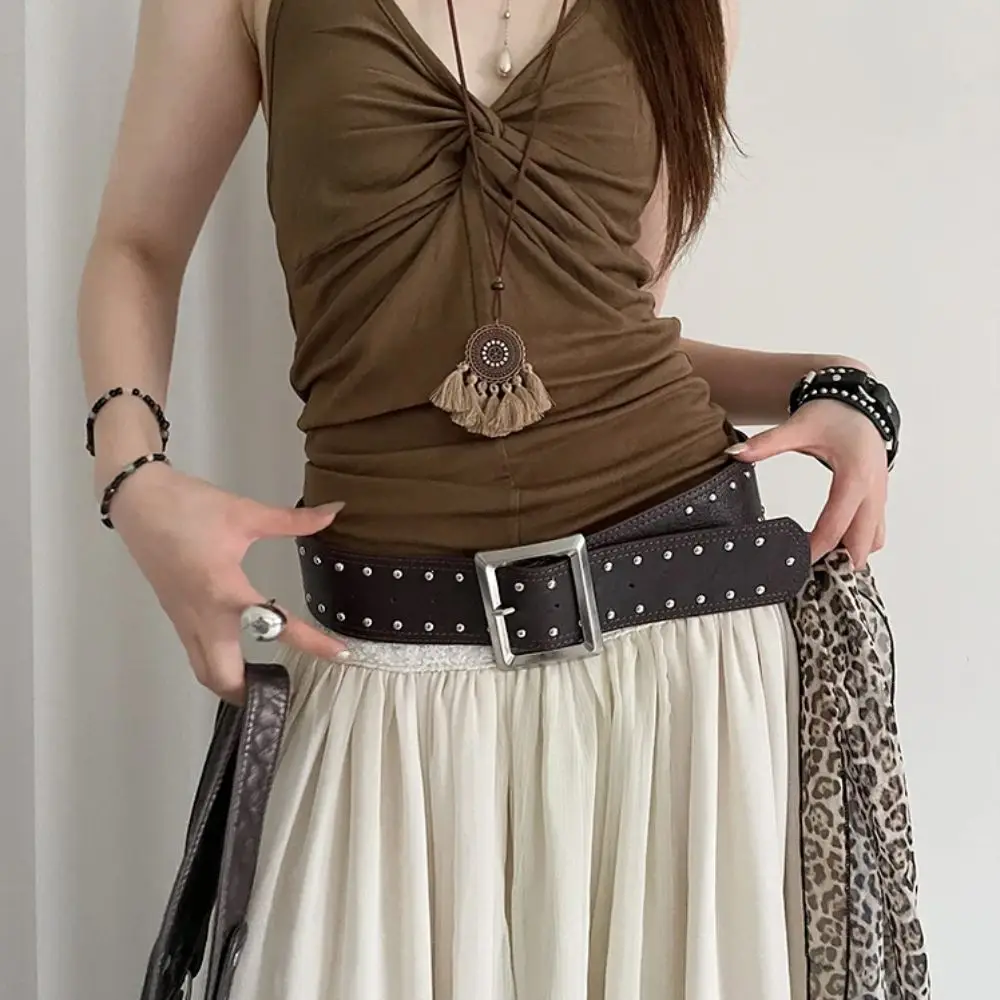

Винтажный дизайнерский широкий женский ремень в стиле панк Y2k с заклепками, пояс в американском готическом стиле, джинсовый ремень, пряные девушки