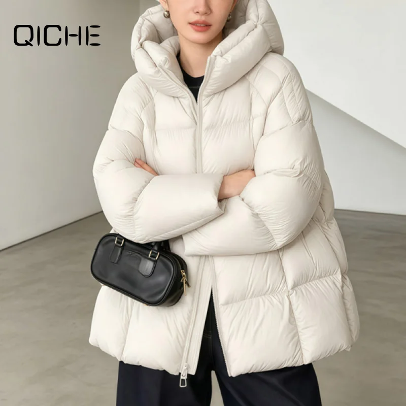 QICHE 2026 Women Winter 90 Duck Down Hooded Down Jacket Thick Warm Plus Size Popular Outerwear