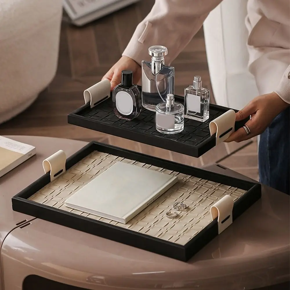 Black/Beige Woven Leather Storage Tray Handmade Rectangle Leather Wooden Tray with Handle Jewelry Display Plate Aromatherapy