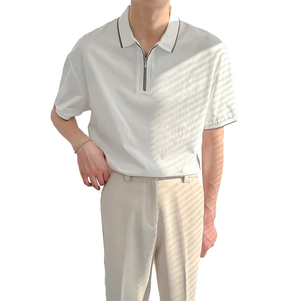 

Men Slim Zip Collar Dress Shirt Blouse Short Sleeve Tops Business Formal T-Shirt