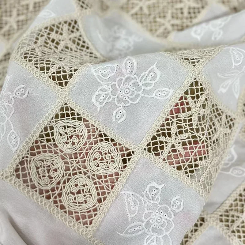 

High-end full-width embroidered floral check hollow-out African lace fabric for women's clothing design Lolita DIY dress lace