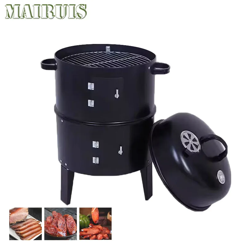 Four à charbon de bois 3 en 1, barbecue, rôtissoire, gril, double couche, vapeur, réchaud de camping, portable, multifonctionnel, extérieur