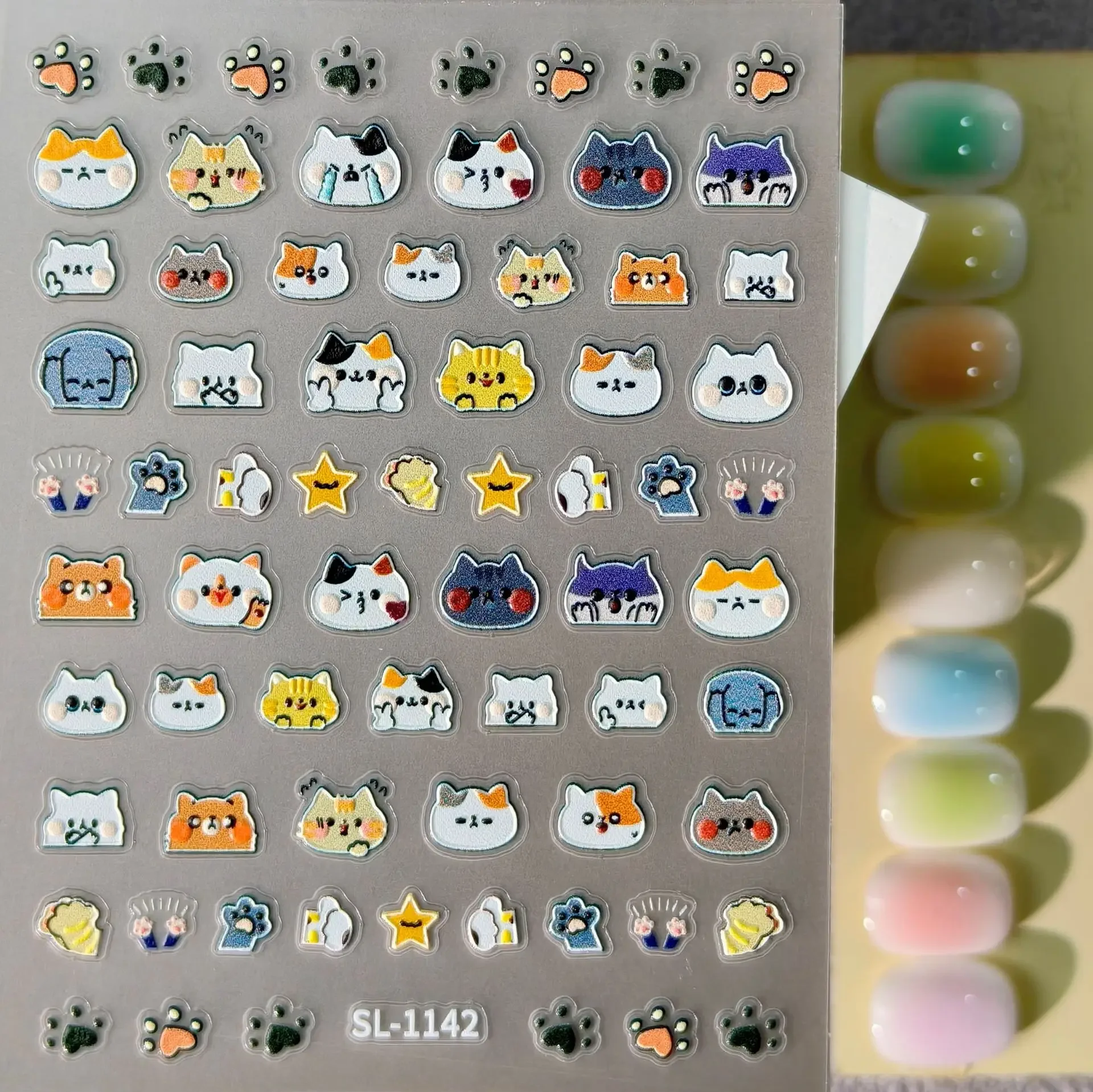 1 Set 5D Embossed Siamese Cat Nail Stickers Cute Blue Eye Cat Head SL Style Self Adhesive DIY Nail Art Decor