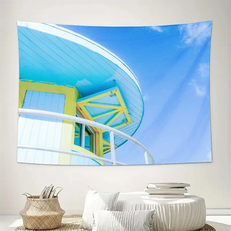 Bright Blue and Yellow Art Deco Lifeguard Tower with Curved Roof Tapestry Machine Washable All Season Decor Home Quick Setup