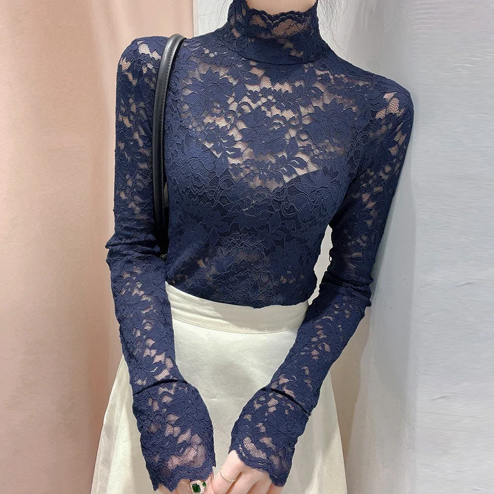 Sexy Women Long Sleeve Lace Blouses High Collar Inner Wear Lace Crochet T Shirt Base Tunic Top Perspective Vintage Bottom Blouse