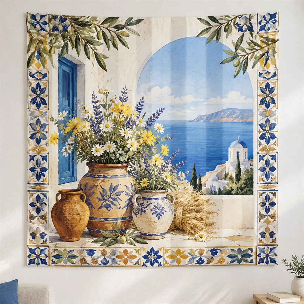 VIKAMA Terracotta Vase Flowers Clustered Groups Tapestry Wall Hanging, Mediterranean Wall Art Tapestries for Living Room Bedroom