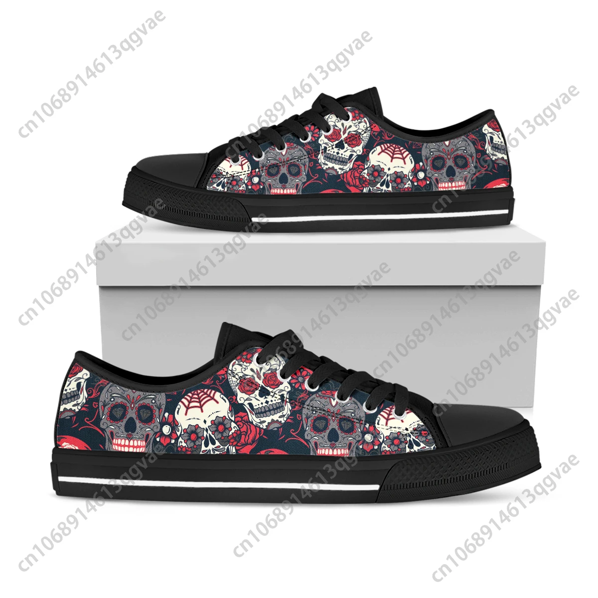 

Black Candy Sugar Skull Print Low Top Sneakers Mens Womens Teenager High Quality Canvas Sneaker Couple Shoes Custom Made Shoe