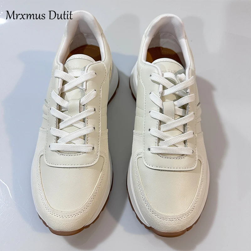 Mrxmus Dutit Women 2024 New Spring Fashion Leather Lacing Round Head Shoes Flat Thick Soled Shoes Solid Casual Versatile Sneaker