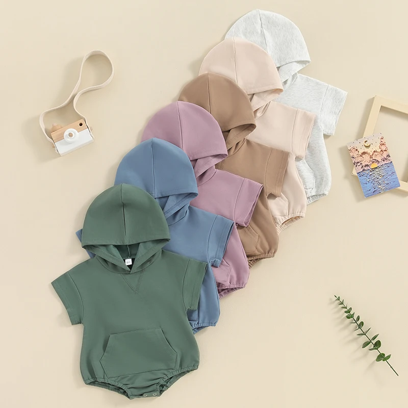 2023-12-18 Lioraitiin Newborn Baby Boy Girl Solid Color Hooded Bodysuit Oversized Short Sleeve Bubble Jumpsuit Summer Clothes