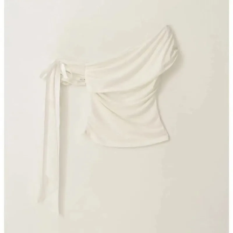 Korean Fashion Irregular Slanted Shoulder Oversized T Shirt Women Personalized Slim Female T-shirt Short Sleeve Womens Clothing