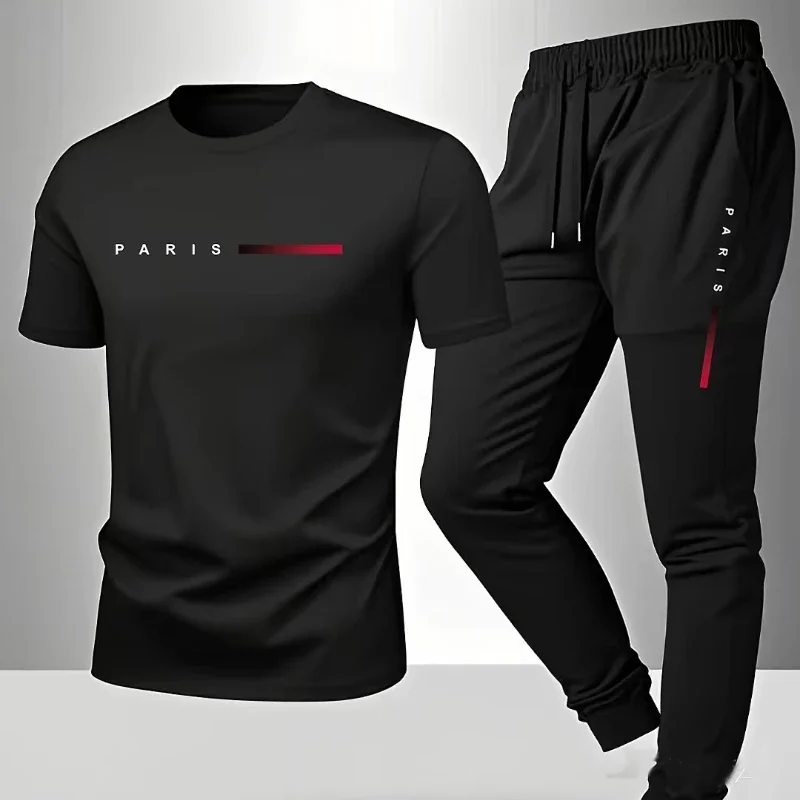Conjunto masculino casual PARIS para primavera e verão, novo estilo com estampa de letras, tendência americana, moda esportiva, conjunto de duas peças com calça e camiseta de manga curta.