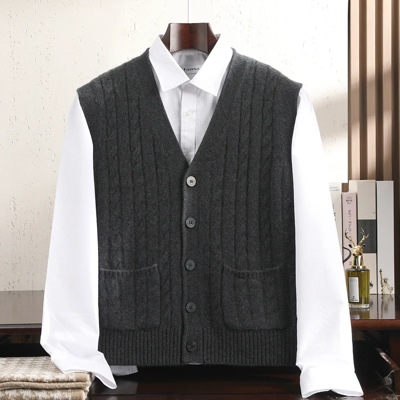 A-Class 100% Pure Cashmere Vest Men's V-Neck Knitted Cardigan Autumn Winter New Twist Flower Business Shoulder Men's Clothing