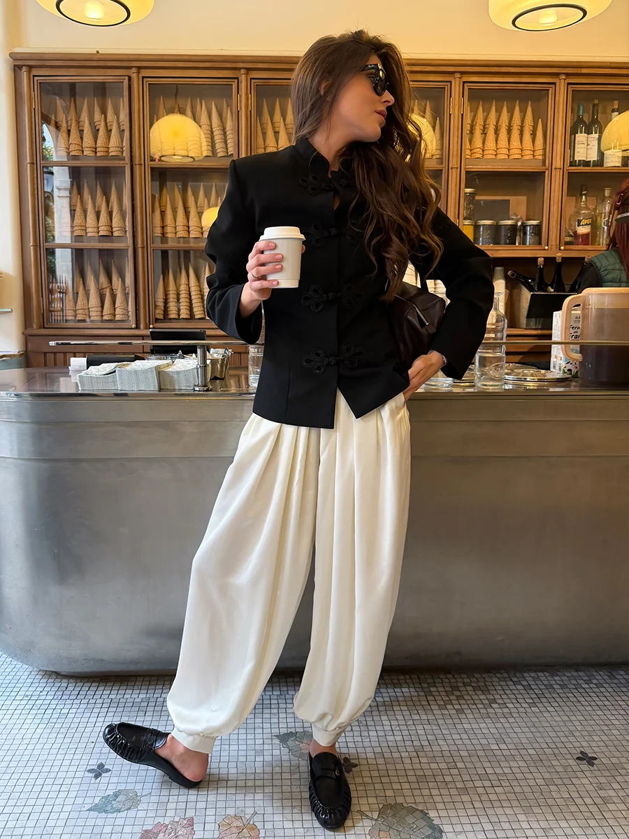 Blazer de Mujer Estilo Chino con Botones Frontales, Colección Primavera/Otoño 2026 de LIinar, Chaqueta Negra Informal para el Trabajo