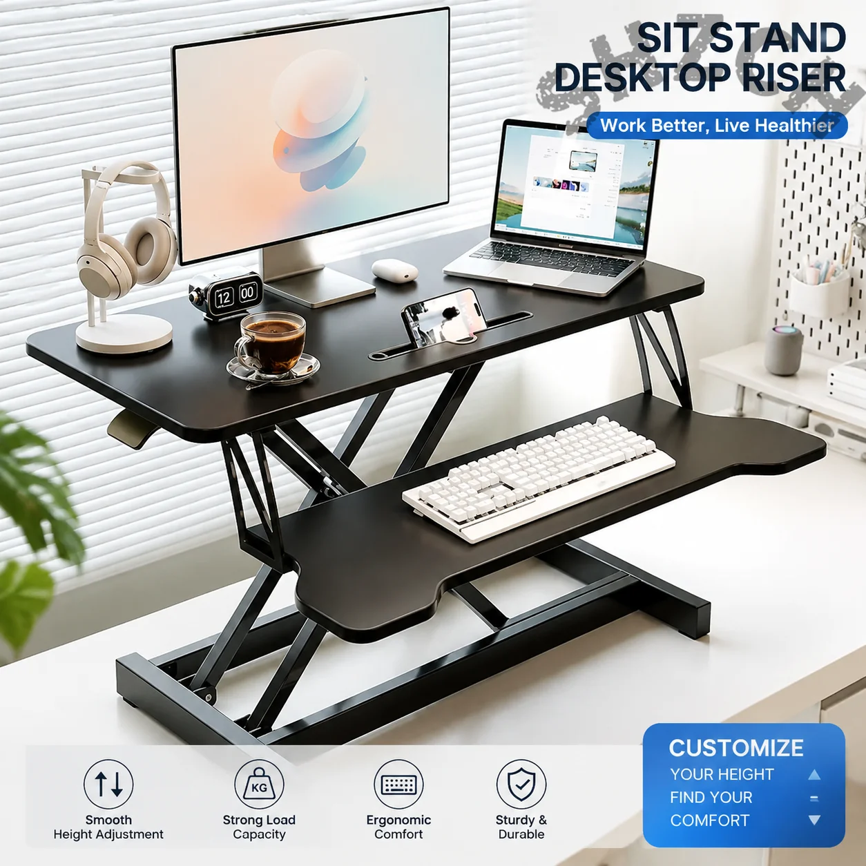Height-Adjustable Dual-Surface Standing Desk Riser – Foldable, 30 kg Capacity, Space-Saving Office Workstation