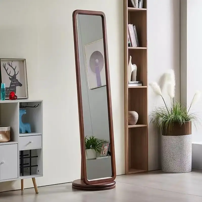 HYS full-body mirror full-length mirror household rotatable solid wood floor-to-ceiling mirror coat rack integrated Chinese