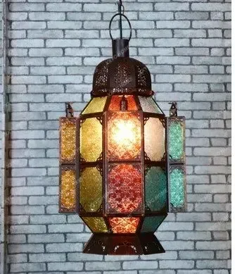 Ceiling Lamp, Moroccan Antique Xinjiang Ethnic Style Exotic Style Colored Glass Iron Hollow Tea House Lamp