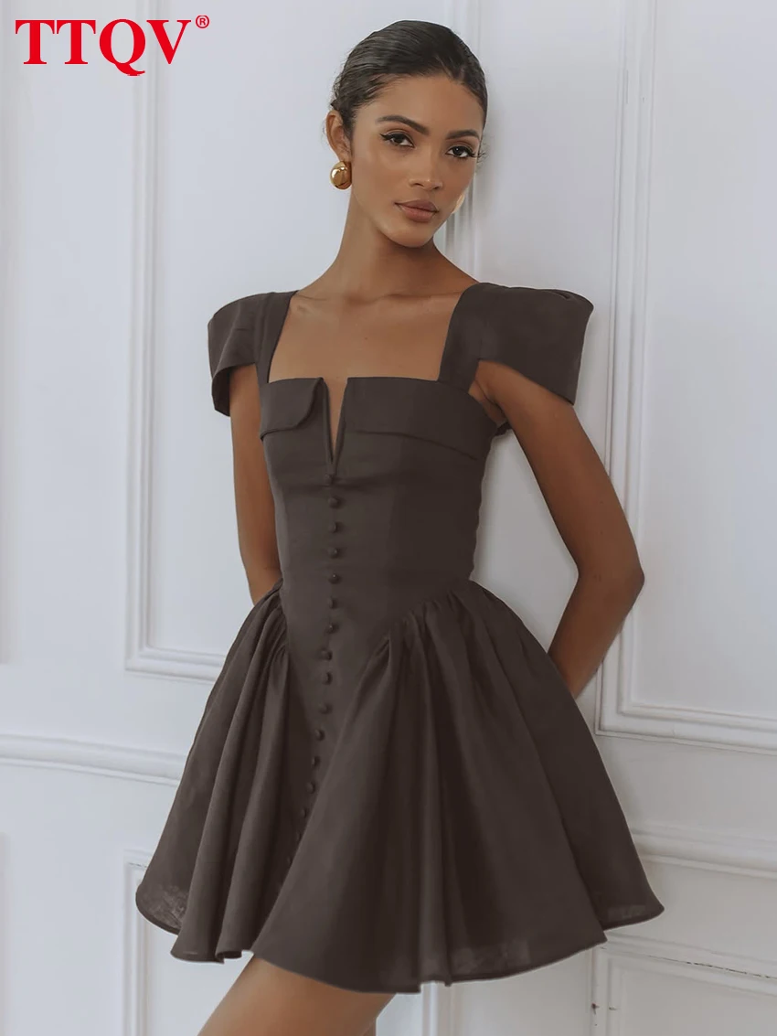 

TTQV Summer Slim Brown Women's Dress 2026 Sexy Square Collar Sleeveless Mini Dresses Lady Elegant Classic Pleated Female Dress