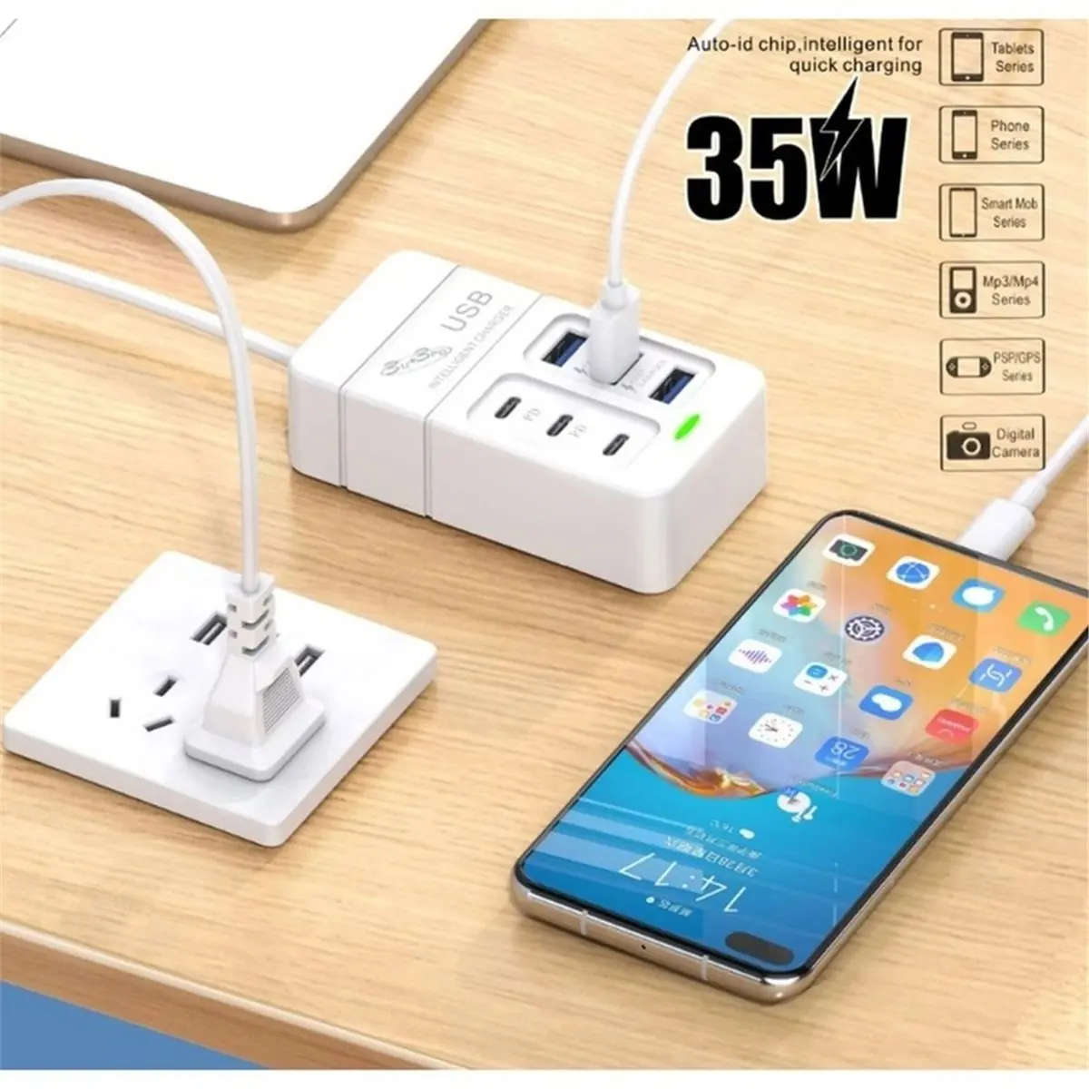 6 Ports Multiport USB Docking Station PD Type-C Mobile Phone Fast Chargin Quick Type C Hub Adapter EU Plug