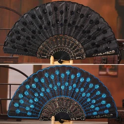 Abanico plegable de lentejuelas de varilla negra para mujer, Estilo Vintage, ventiladores de rendimiento de baile, arte de flores hermosas, artesanía Retro, adorno de fiesta de boda