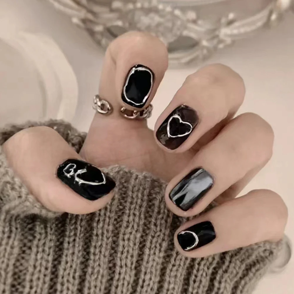 24pcs Short False Nail Cool Black Style Black Nail with Adhesive Tabs for Women and Girl Party Activity