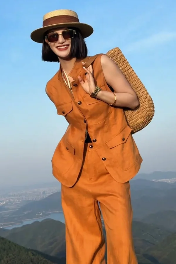 

2025 New Linen Vest & Wide-leg Pants Set Women Lightweight Summer Tailored Office Wear Premium Coordinated Outfit Female Clothes